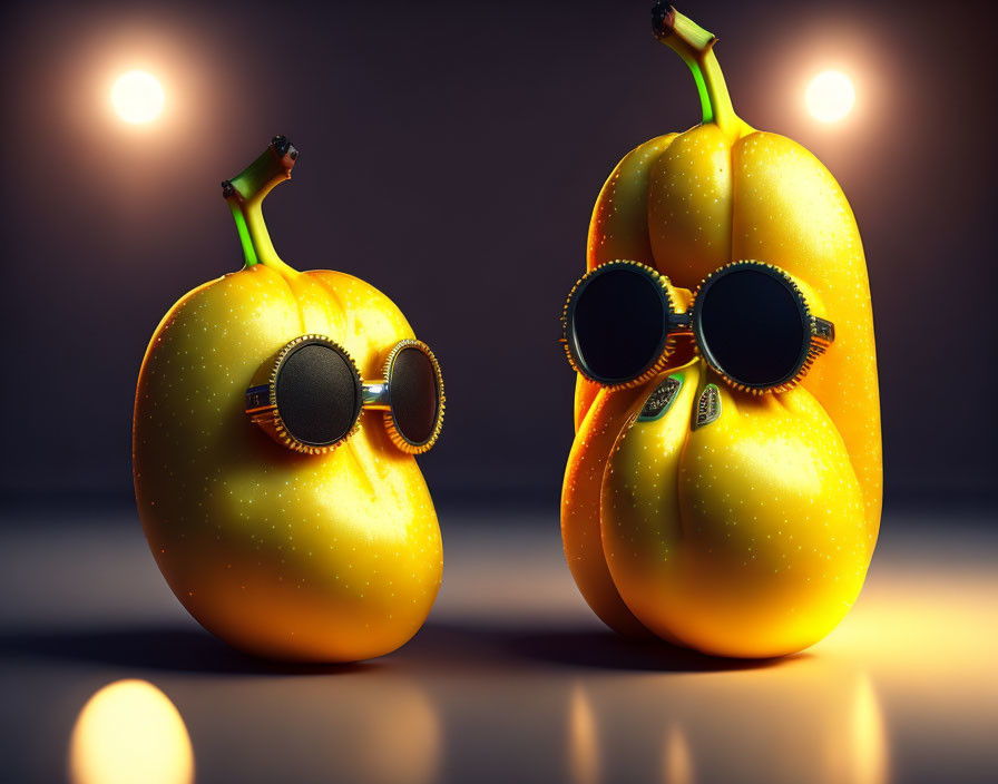 Anthropomorphic pears with metal gear eyes and metallic adornments under warm spotlight.