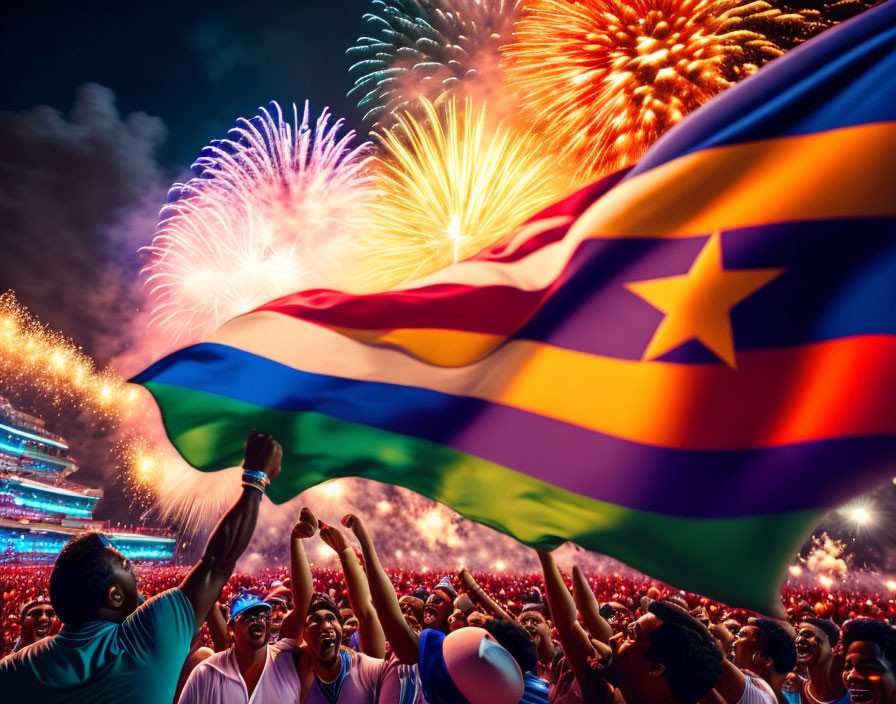 Colorful crowd with fireworks and rainbow flag waving.