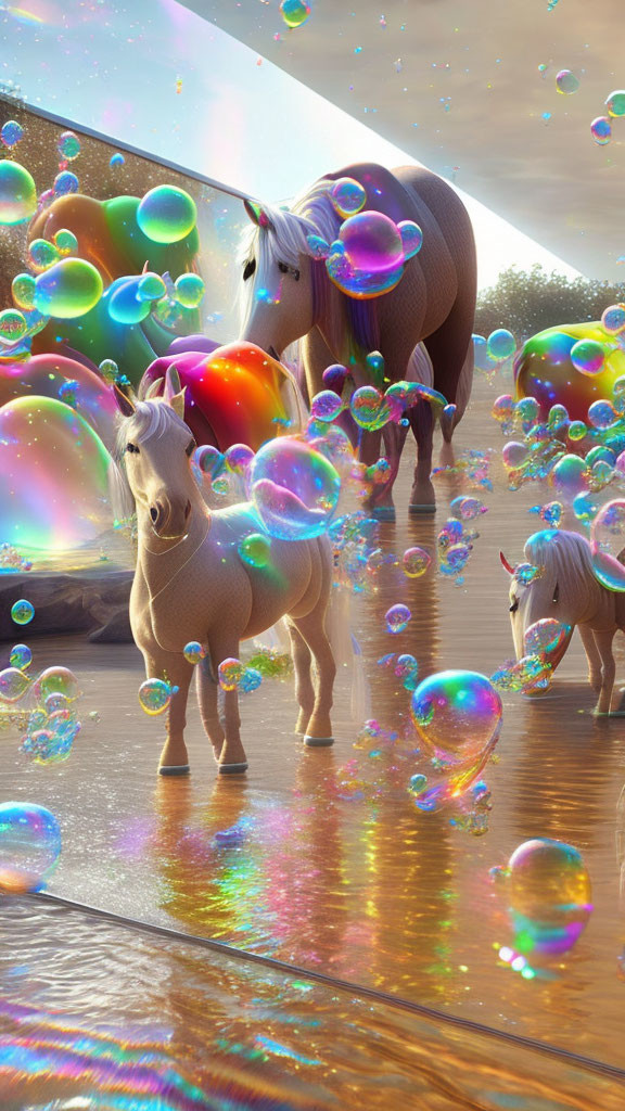 Unicorns in vibrant bubbles on reflective surface with sunset