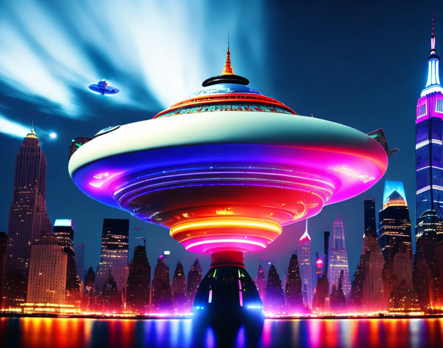 Futuristic cityscape at night with flying saucer and colorful lights