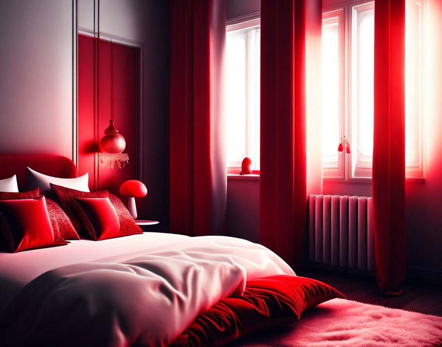 Luxurious Bedroom with Elegant Bed, Red Pillows, Lamps & Curtains