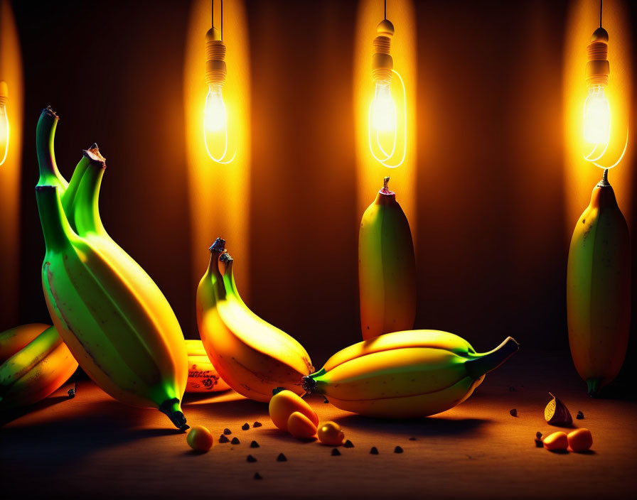 Table with banana-shaped bulbs casting warm glow & shadows