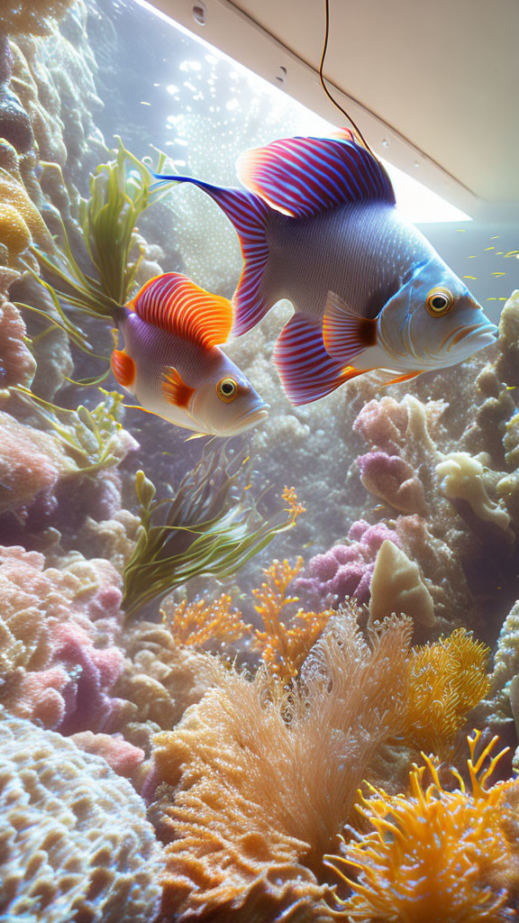 Vibrant coral and colorful tropical fish in aquarium scene