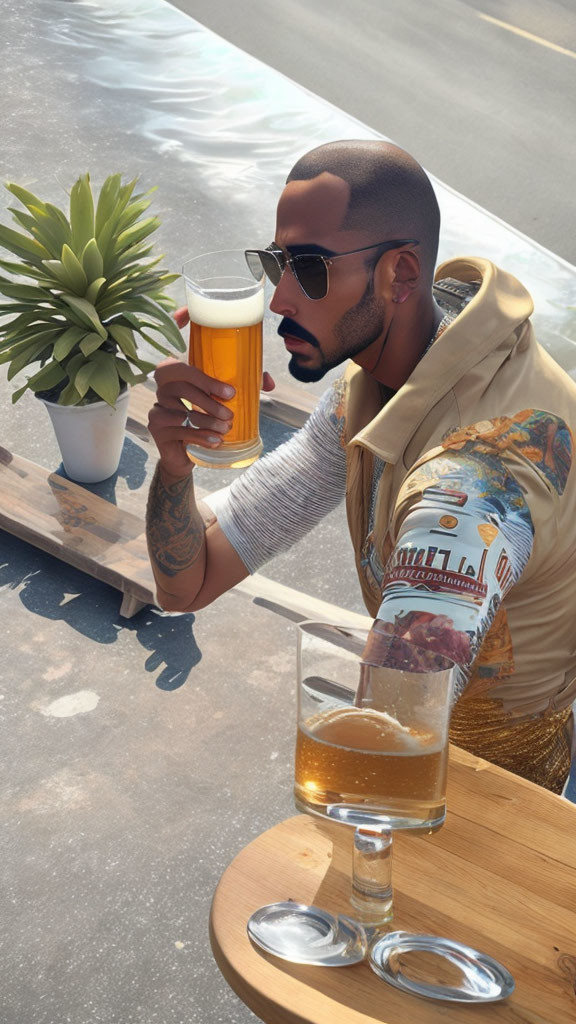 Person in sunglasses examines beer at outdoor bar with potted plant