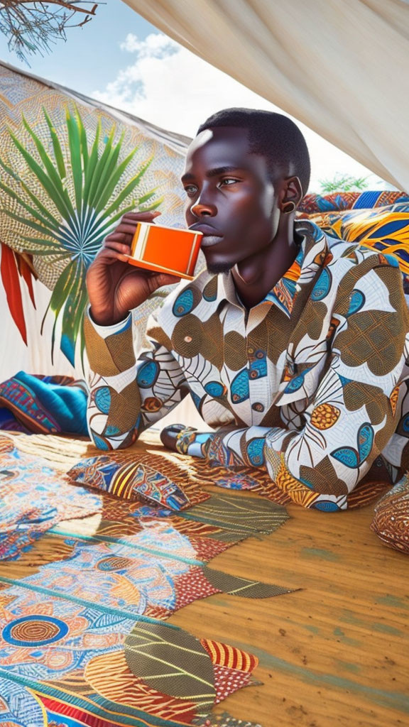 Dark-skinned Person in Patterned Shirt Surrounded by African-Inspired Designs