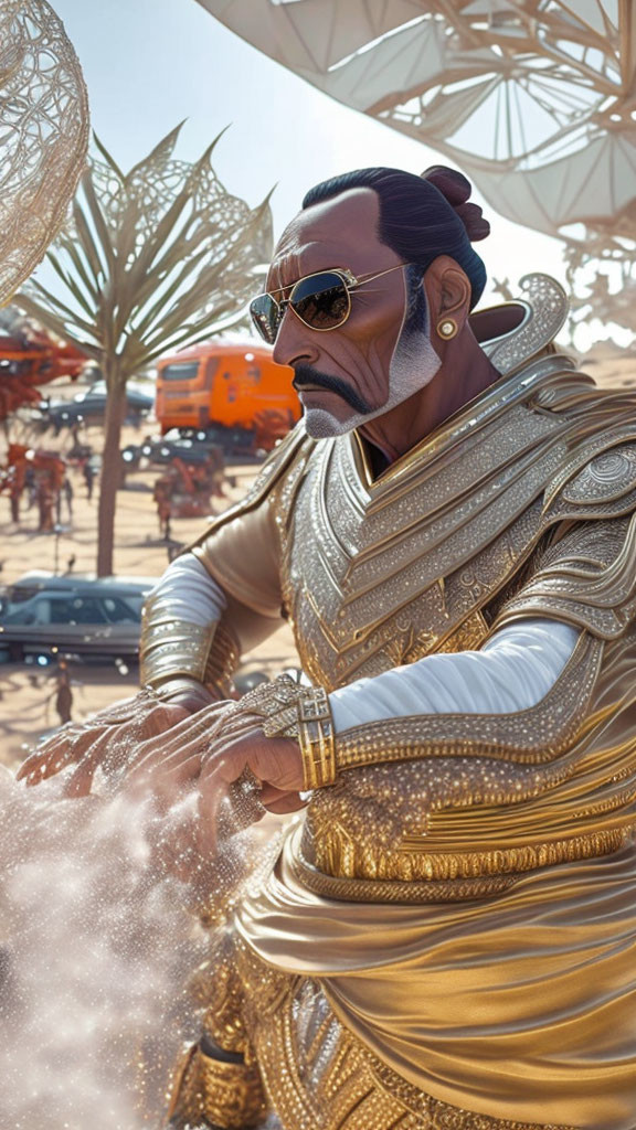 Illustrated character in gold armor with sunglasses manipulating light particles in futuristic setting