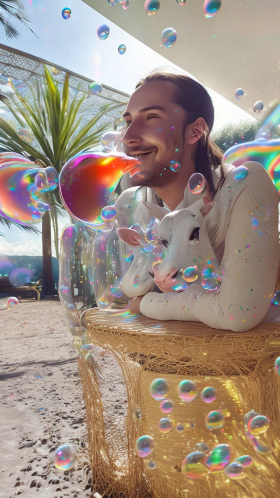 Bearded person smiling with small dog outdoors surrounded by soap bubbles and palm trees