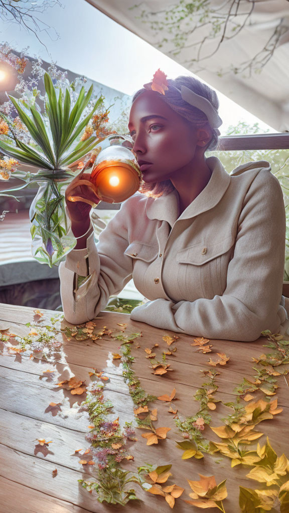 Woman in light jacket sipping tea at wooden table with leaves.