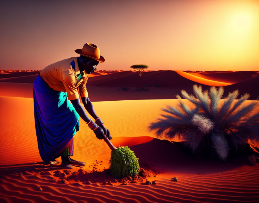 Person in Blue Skirt and Hat Digging in Desert at Sunset