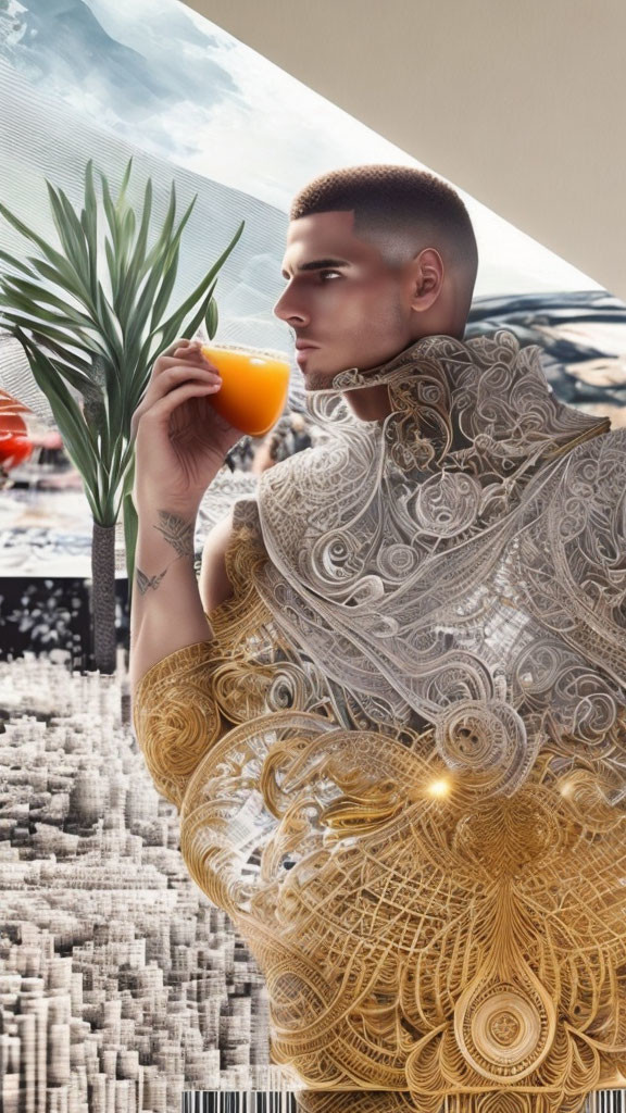 Geometric patterned tattoo person sips from orange glass in surreal urban-nature scene