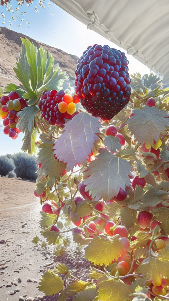 Composite Image of Oversized Berries and Grapes in Surreal Desert Landscape