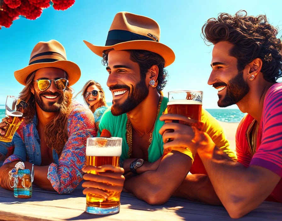 Group of friends laughing in colorful summer outfits by the water