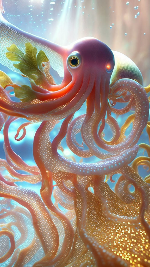 Colorful Octopus in Purple, Pink, and Orange Tones on Underwater Background