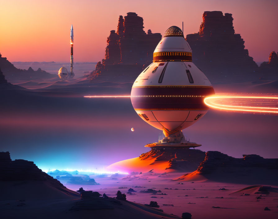 Futuristic desert cityscape at dusk with towering structures, spaceship, and illuminated paths