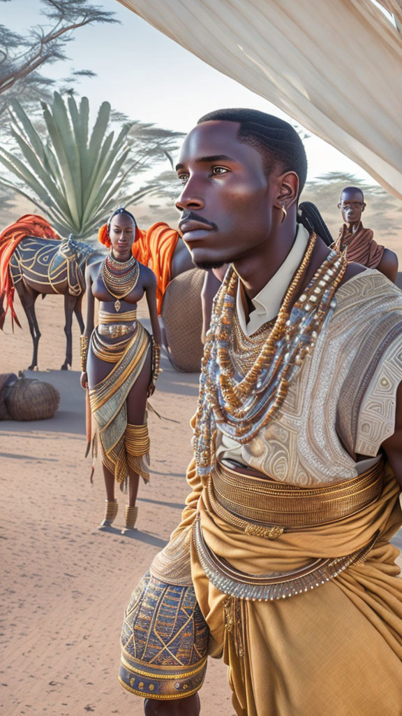 Three people in traditional African attire walking in desert with camel