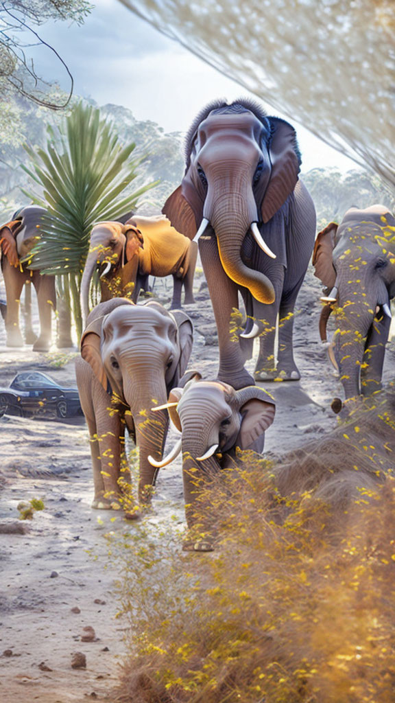 Herd of elephants walking on dusty trail with trees and sunlight