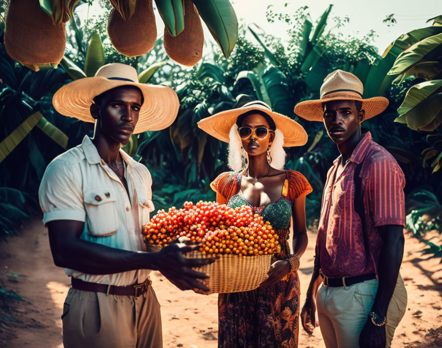 Three people in wide-brimmed hats in a garden with cherry tomatoes basket