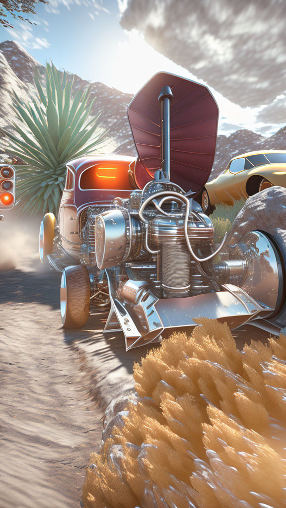 Futuristic orange vehicle with large exhaust pipes racing in desert environment