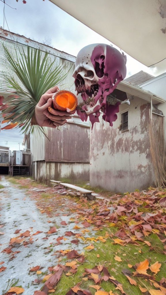 Skull and Fruit Still Life with Autumn Background