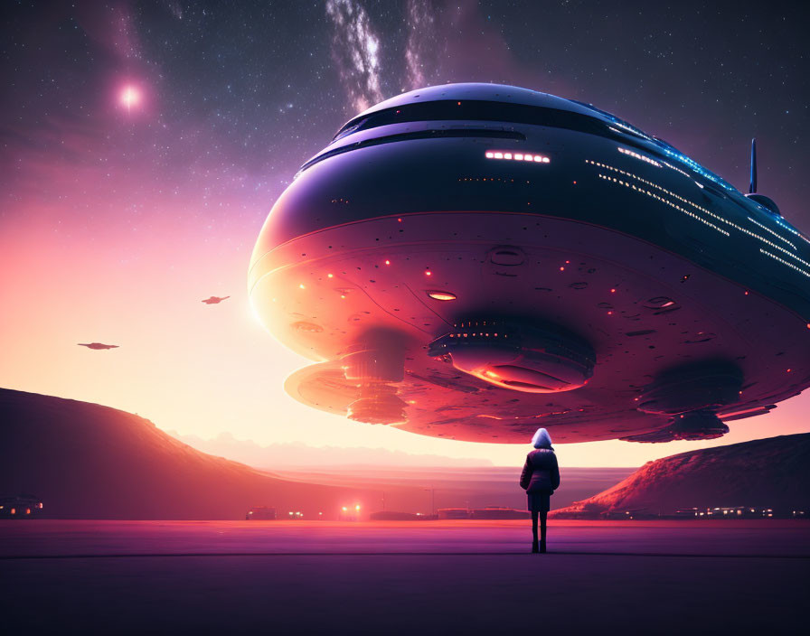 Futuristic spaceship on vast plain at twilight