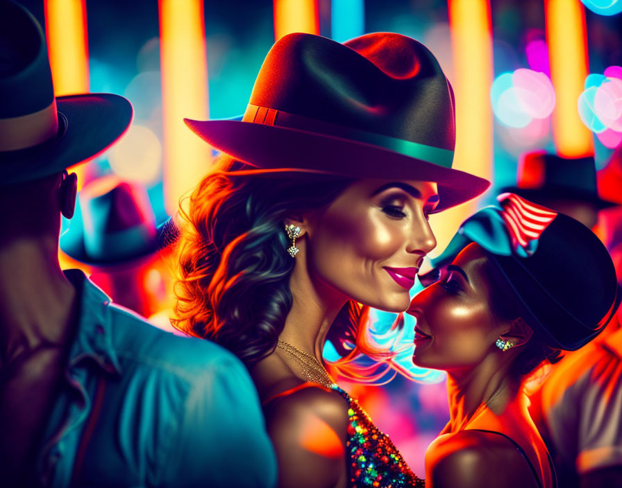 Stylish woman in hat smiling under neon lights