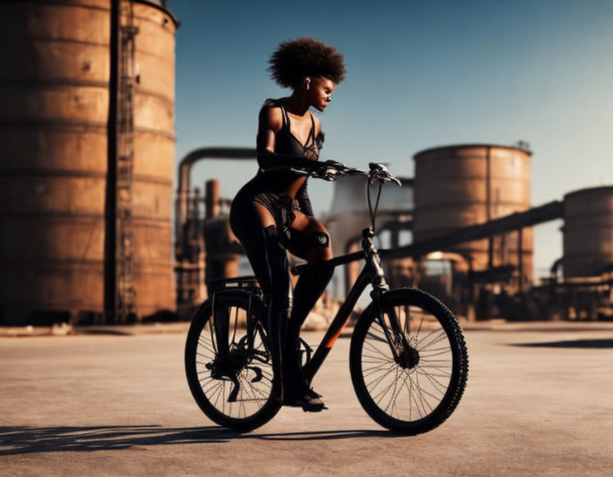 Person with Afro Riding Mountain Bike in Industrial Area at Sunset