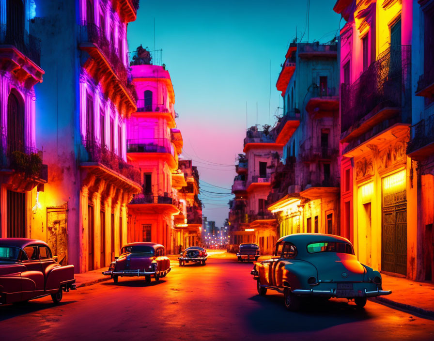 Vibrant street with classic cars and colonial buildings at twilight