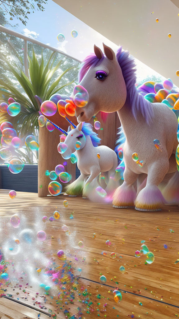 Colorful Purple Unicorn Blowing Bubbles on Wooden Deck