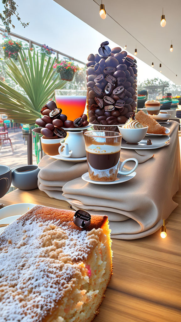 Outdoor Café Scene with Cake, Coffee Cups, and String Lights