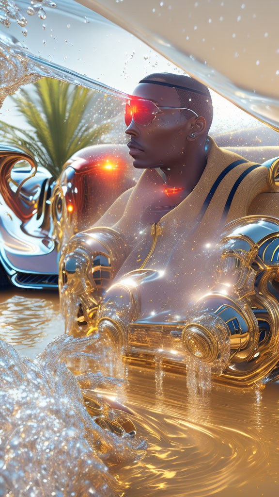 Futuristic sunglasses and attire with golden bubbles and exotic cars in the background