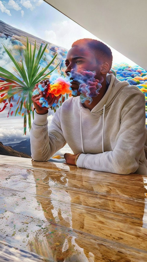 Man in Hoodie Blowing Colorful Smoke on Surreal Background