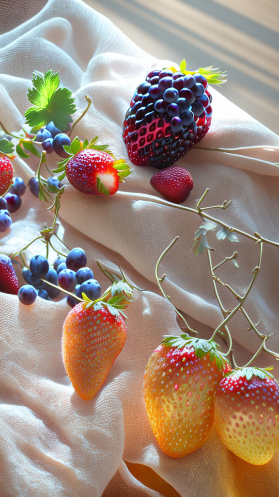 Fresh Strawberries, Blueberries, and Blackberry on Cream Fabric with Sunlight Tones