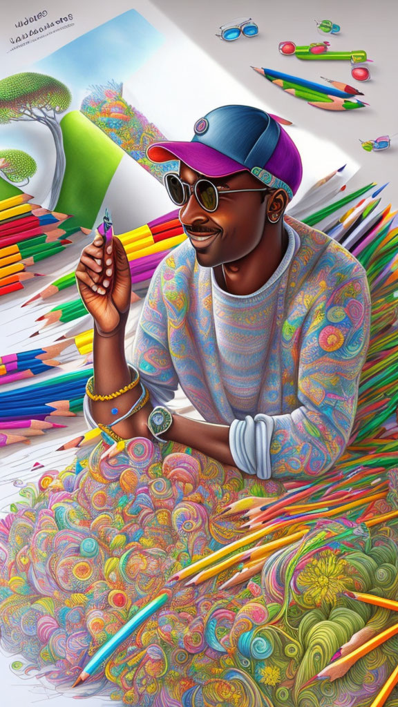 Person surrounded by vibrant crayon swirls and scattered colors.