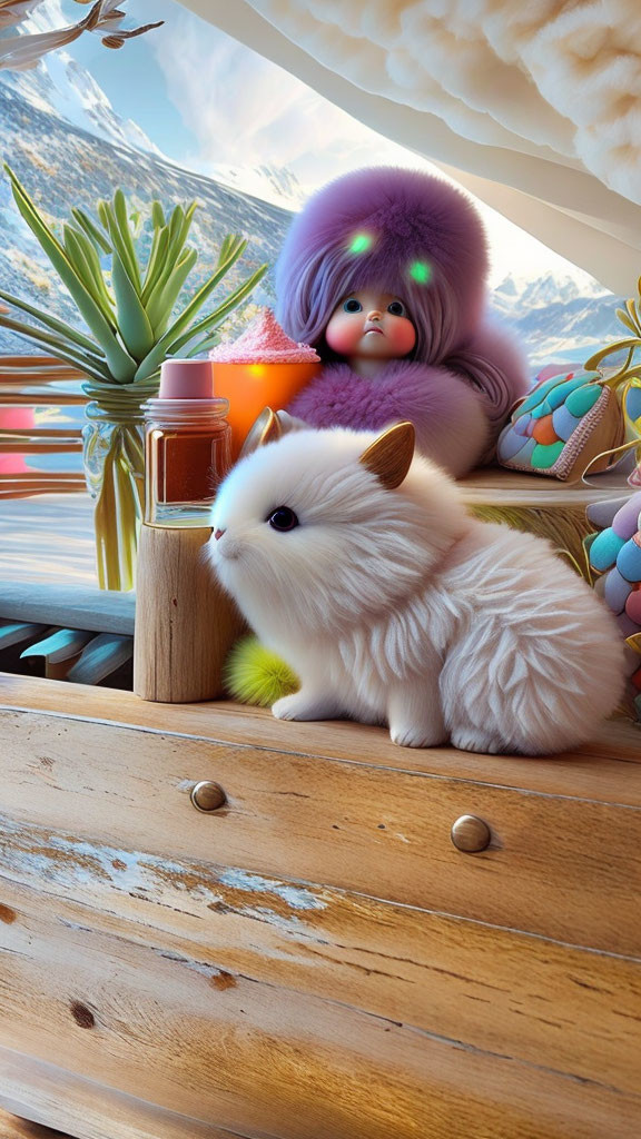 White Cat and Colorful Doll on Wooden Surface with Snowy Mountain View