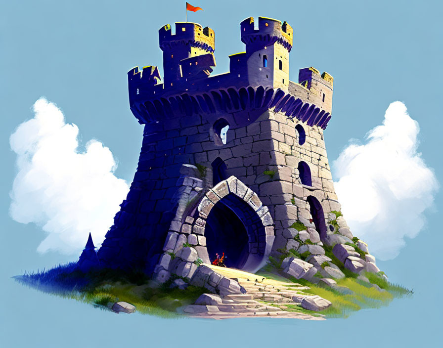 Stone castle illustration with twin towers, archway, and red pennant.