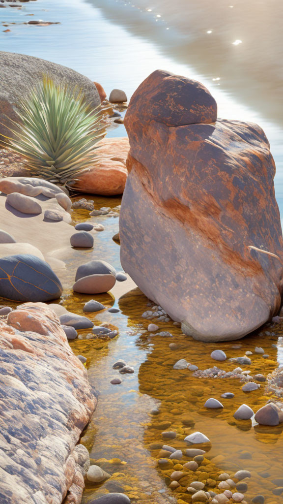 Tranquil river scene with rocks and yucca plant at sunset