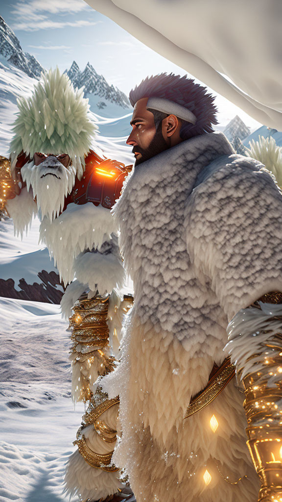 Man in fur coat with golden armor details in snowy mountain scene with white creature