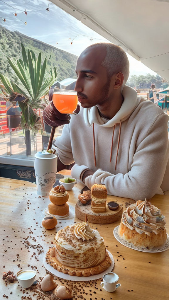 Person in White Hoodie Enjoying Desserts and Orange Drink at Table with Scenic Backdrop