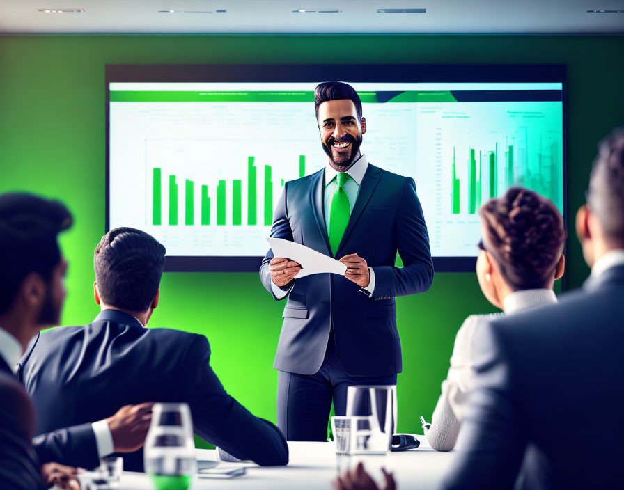 Businessman presents data charts in meeting room