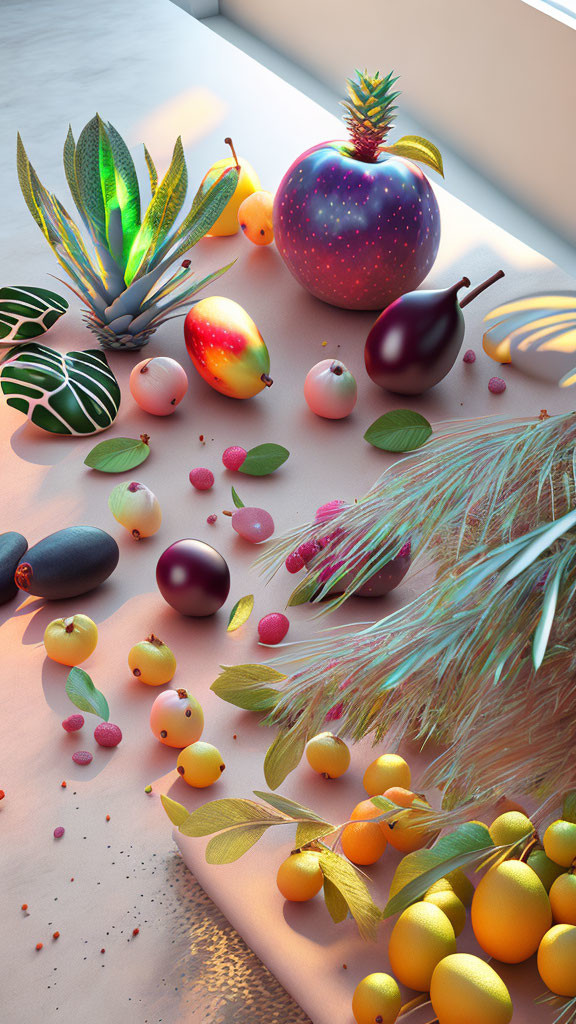 Vibrant Stylized Fruit and Glittery Leaves on Light Surface