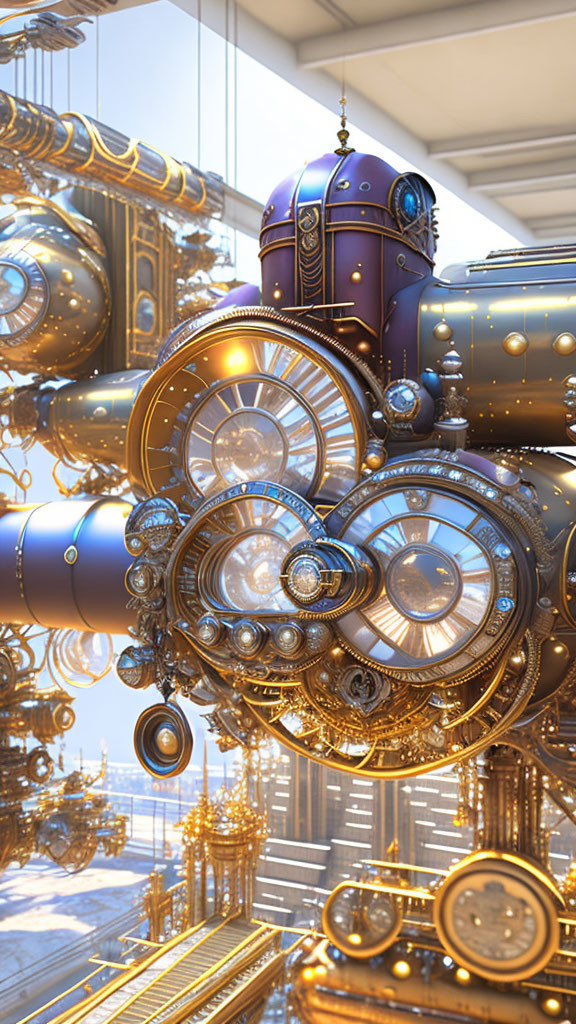 Surreal steampunk-style interior with golden pipes & machinery