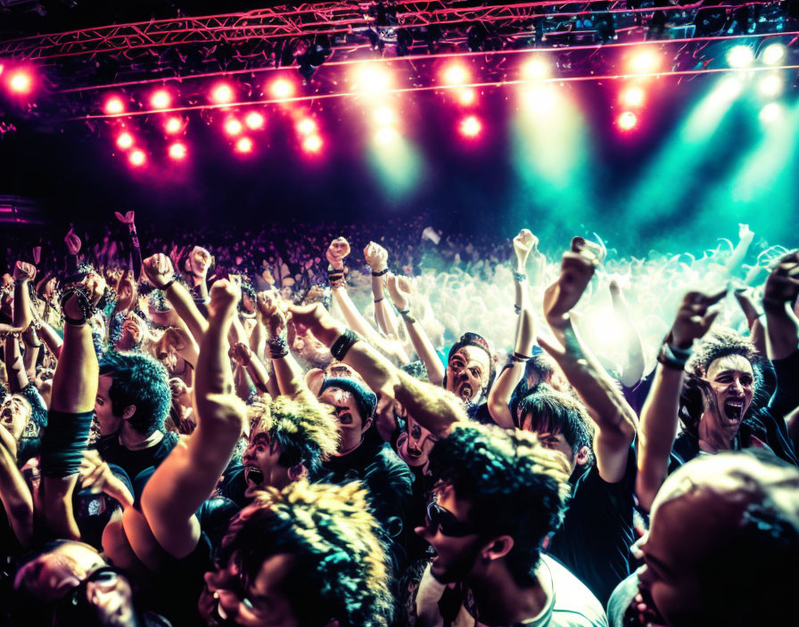 Vibrant concert crowd under blue and purple lights