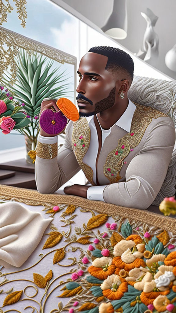 Stylized digital artwork of bearded man in ornate white jacket at desk