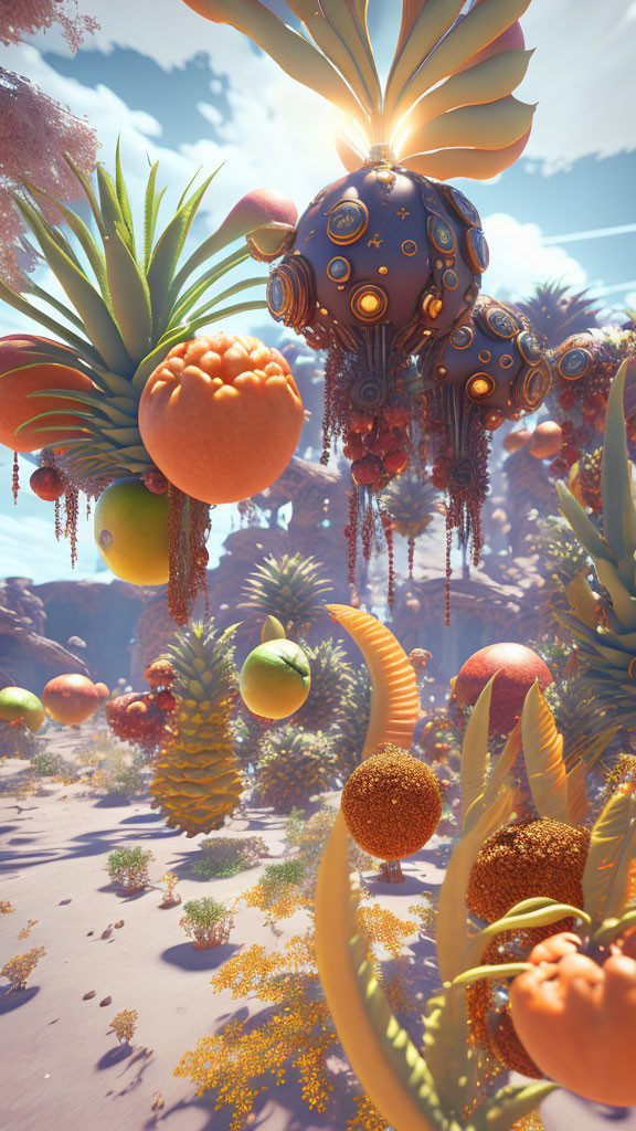 Colorful Flora and Floating Spherical Plants in Mechanical Orb Landscape