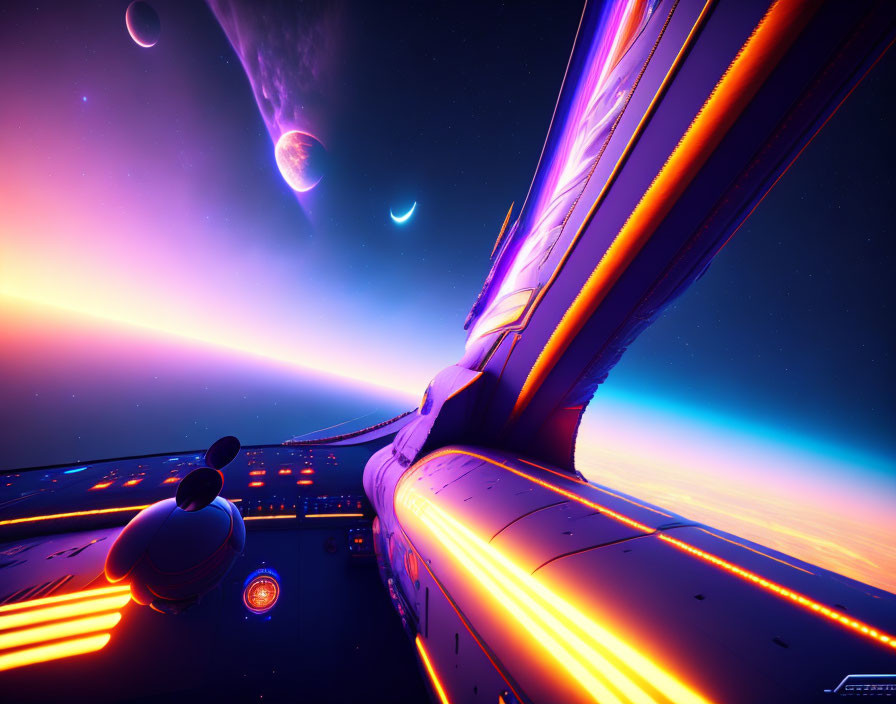 Futuristic Spaceship Interior with Glowing Elements and Cosmic Landscape