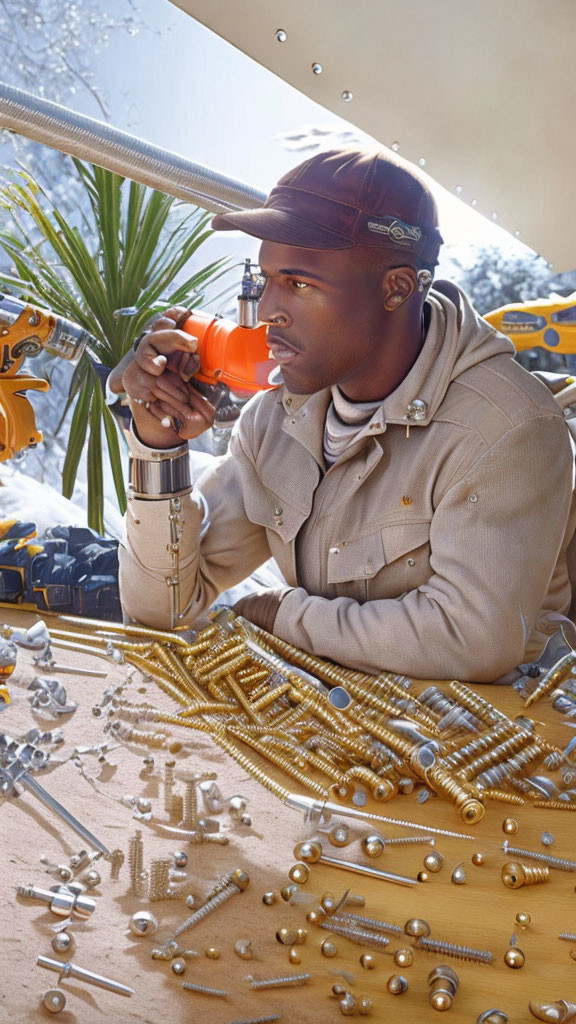 Person in cap using screwdriver on robotic arm in snowy setting