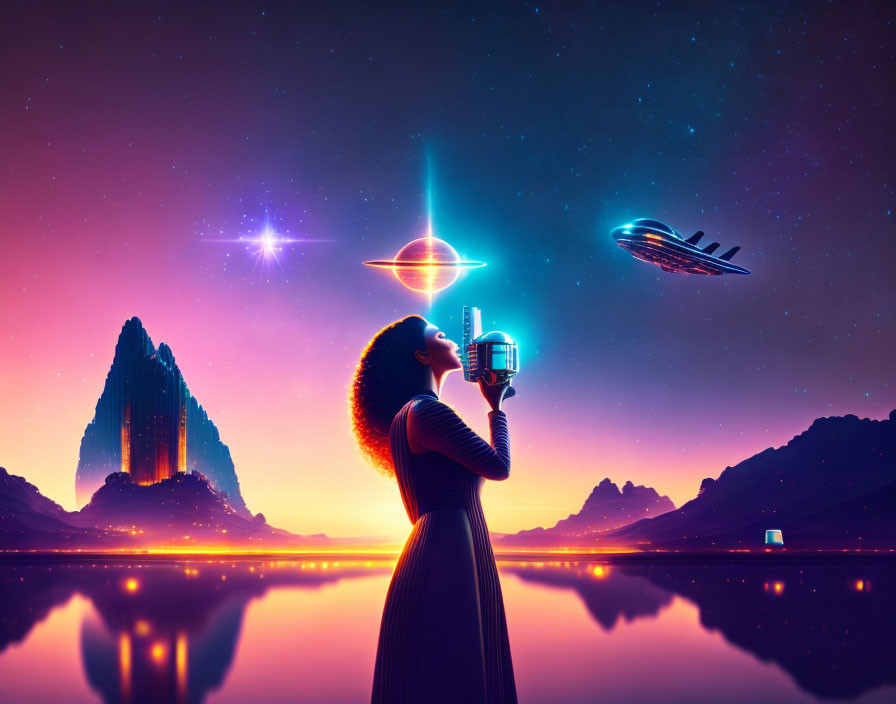 Woman with lantern gazes at UFO over lake with mountain in vibrant colors