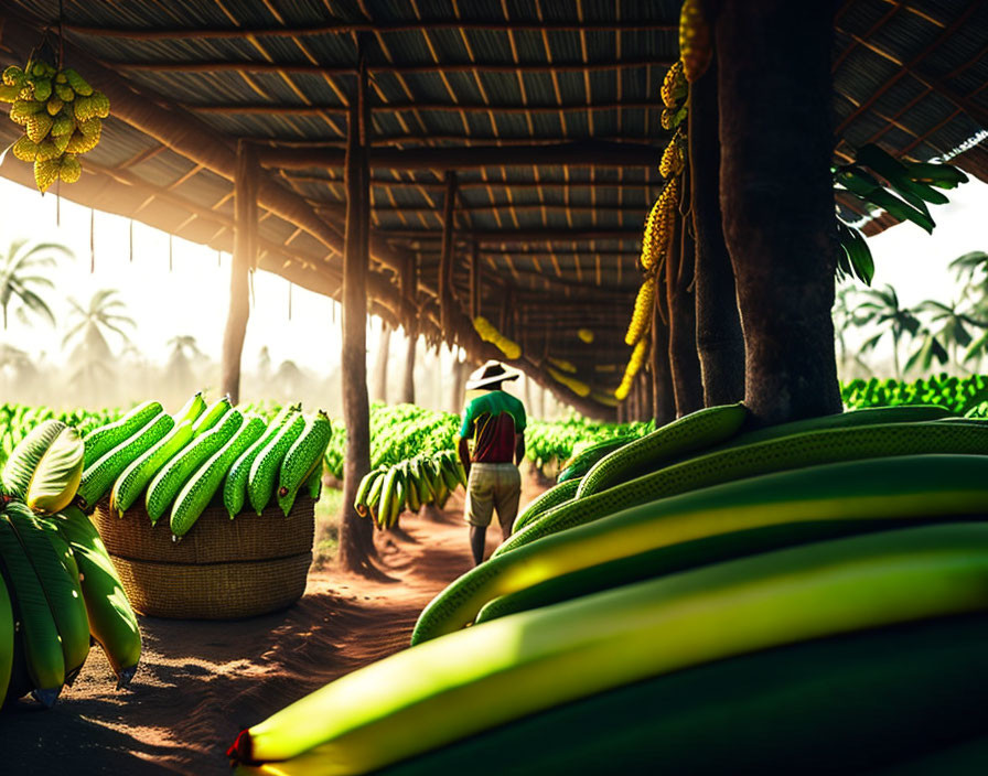 Person Walking Through Ripe Banana Plantation Under Warm Sunlight