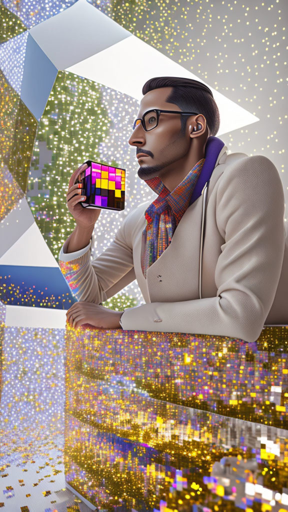 Colorful cube held by man with glasses in geometric backdrop