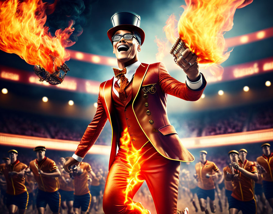 Entertainer in Top Hat and Red Tailcoat Juggles Flaming Batons at Circus